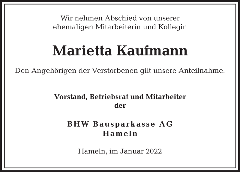  Traueranzeige für Marietta Kaufmann vom 10.01.2022 aus Deister- und Weserzeitung