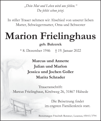Traueranzeige von Marion Frielinghaus von Neue Deister-Zeitung