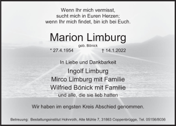 Traueranzeige von Marion Limburg von Deister- und Weserzeitung