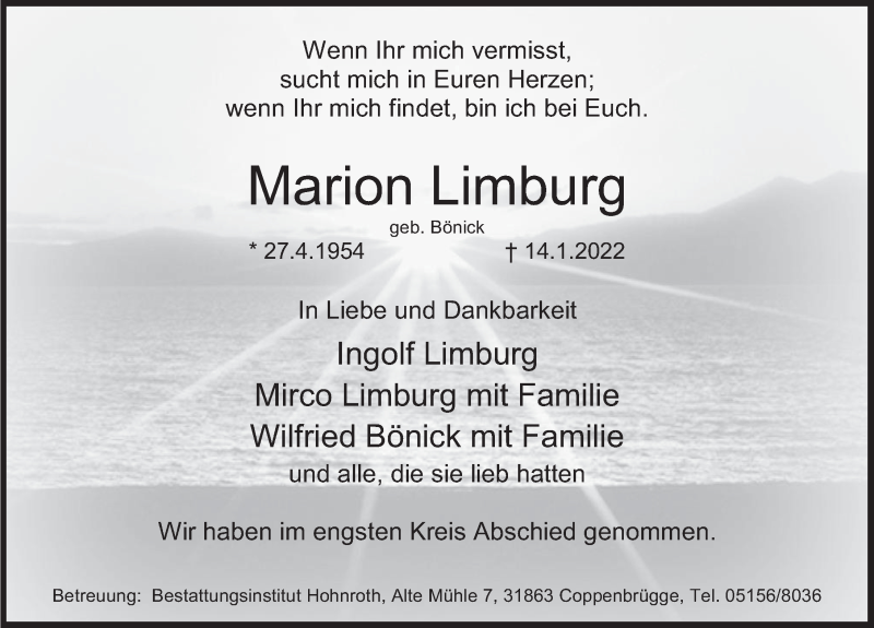  Traueranzeige für Marion Limburg vom 28.01.2022 aus Deister- und Weserzeitung