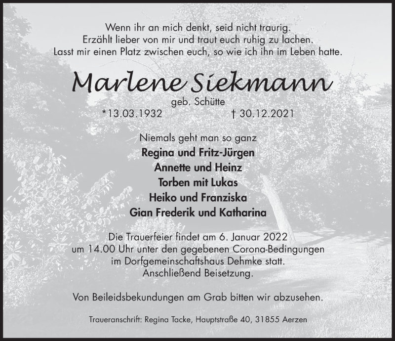  Traueranzeige für Marlene Siekmann vom 04.01.2022 aus Deister- und Weserzeitung