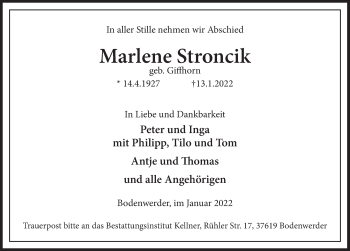 Traueranzeige von Marlene Stroncik von Deister- und Weserzeitung