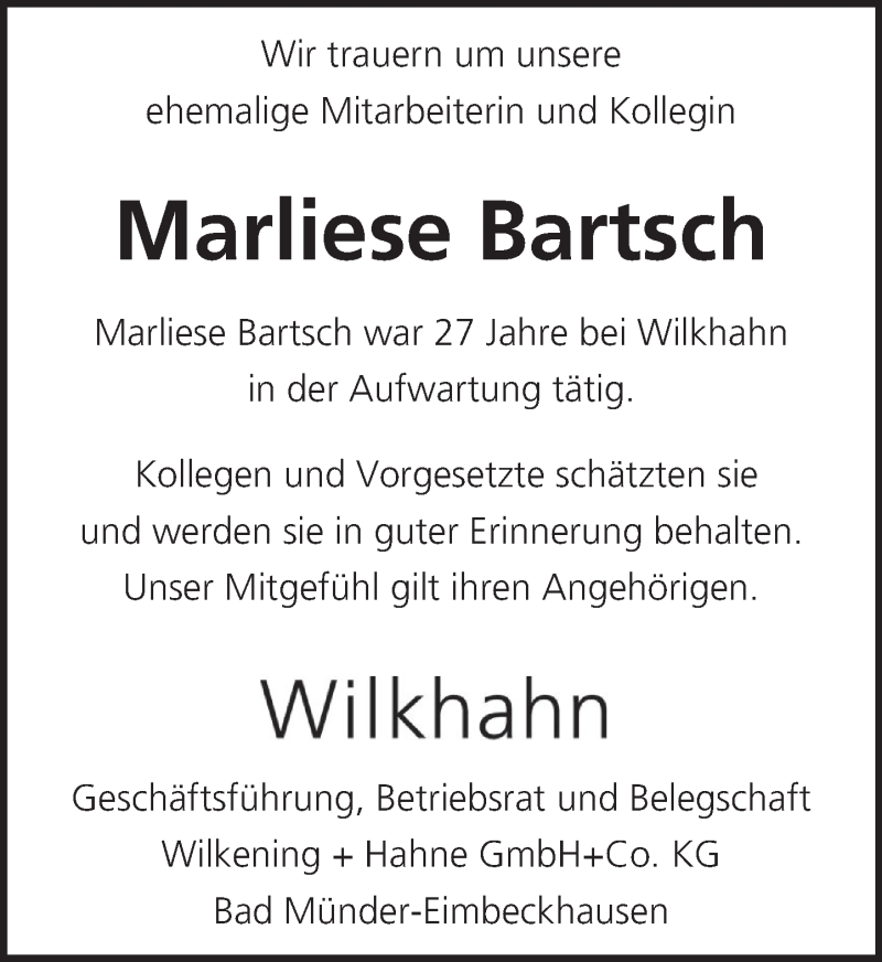  Traueranzeige für Marliese Bartsch vom 13.01.2022 aus Neue Deister-Zeitung