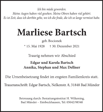 Traueranzeige von Marliese Bartsch von Neue Deister-Zeitung