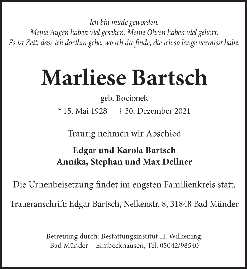  Traueranzeige für Marliese Bartsch vom 08.01.2022 aus Neue Deister-Zeitung