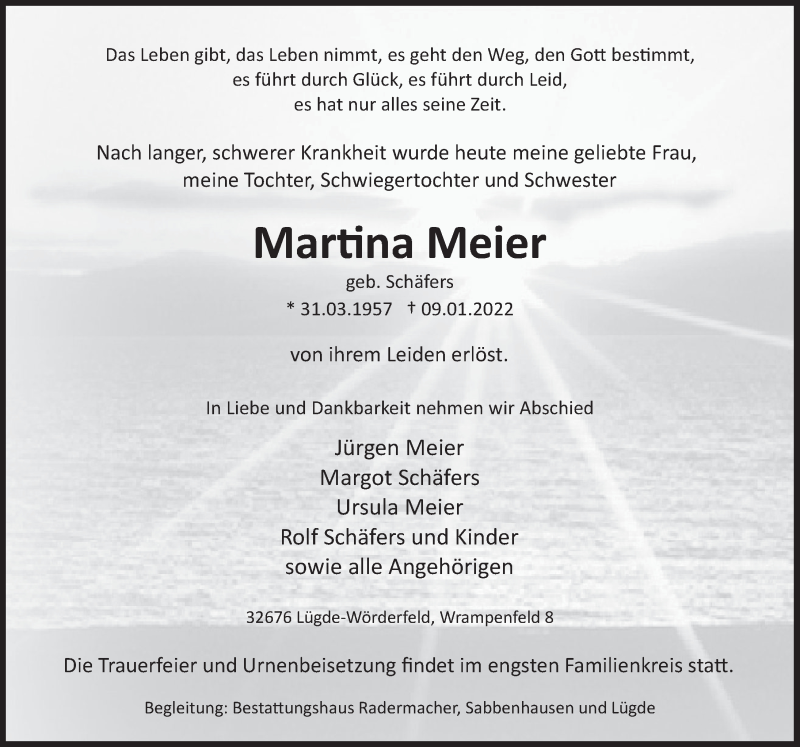  Traueranzeige für Martina Meier vom 12.01.2022 aus Deister- und Weserzeitung