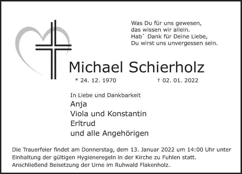  Traueranzeige für Michael Schierholz vom 08.01.2022 aus Deister- und Weserzeitung