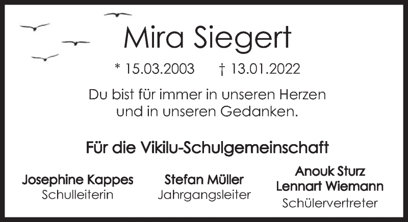  Traueranzeige für Mira Siegert vom 21.01.2022 aus Deister- und Weserzeitung