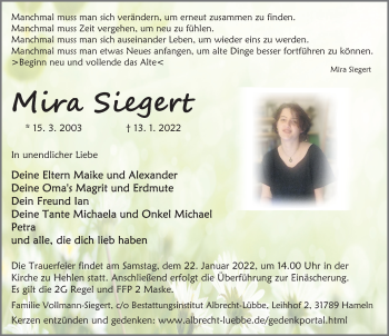 Traueranzeige von Mira Siegert von Deister- und Weserzeitung