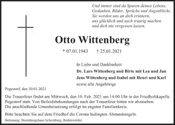 Traueranzeige von Otto Wittenberg von Deister- und Weserzeitung