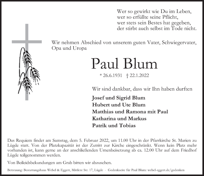  Traueranzeige für Paul Blum vom 29.01.2022 aus Deister- und Weserzeitung