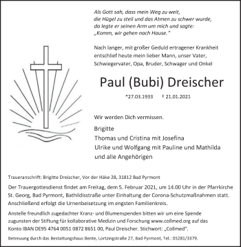 Traueranzeige von Paul  Dreischer von Deister- und Weserzeitung