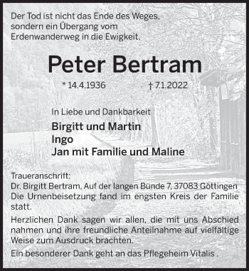 Traueranzeige von Peter Bertram von Deister- und Weserzeitung