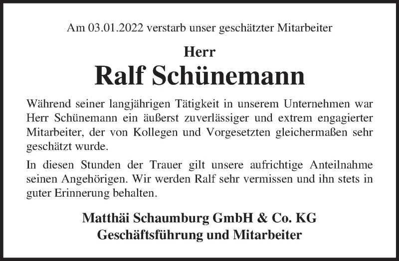  Traueranzeige für Ralf Schünemann vom 15.01.2022 aus Deister- und Weserzeitung
