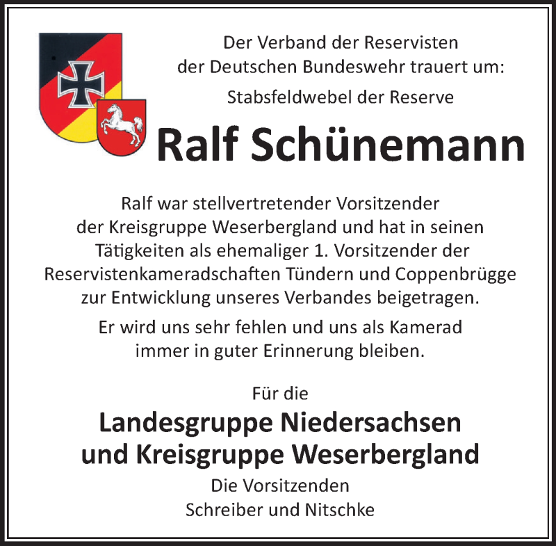  Traueranzeige für Ralf Schünemann vom 18.01.2022 aus Deister- und Weserzeitung