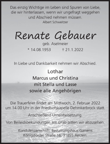 Traueranzeige von Renate Gebauer von Deister- und Weserzeitung