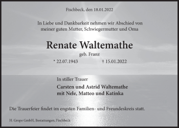 Traueranzeige von Renate Waltemathe von Deister- und Weserzeitung