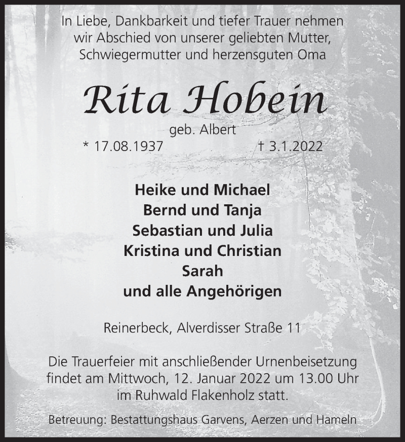  Traueranzeige für Rita Hobein vom 08.01.2022 aus Deister- und Weserzeitung