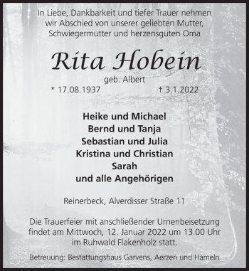 Traueranzeige von Rita Hobein von Deister- und Weserzeitung