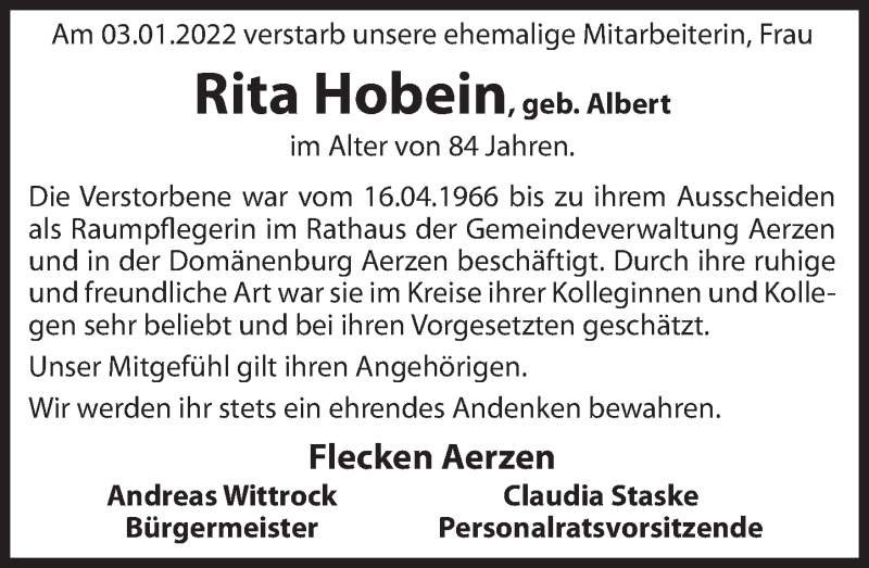  Traueranzeige für Rita Hobein vom 15.01.2022 aus Deister- und Weserzeitung