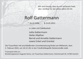 Traueranzeige von Rolf Gattermann von Deister- und Weserzeitung