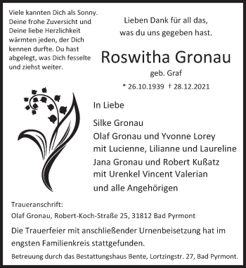 Traueranzeige von Roswitha Gronau von Deister- und Weserzeitung