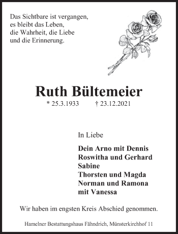 Traueranzeige von Ruth Bültemeier von Deister- und Weserzeitung