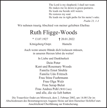 Traueranzeige von Ruth Fligge-Woods von Deister- und Weserzeitung