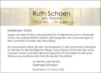 Traueranzeige von Ruth Schoen von Deister- und Weserzeitung