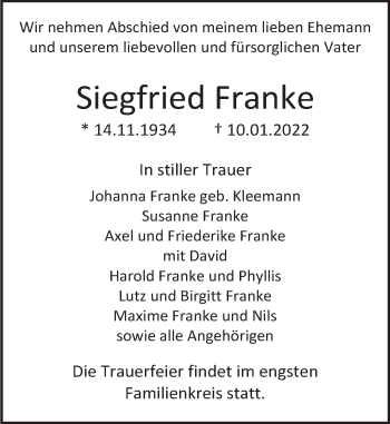 Traueranzeige von Siegfried Franke von Deister- und Weserzeitung