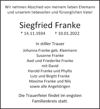Traueranzeige von Siegfried Franke von Deister- und Weserzeitung