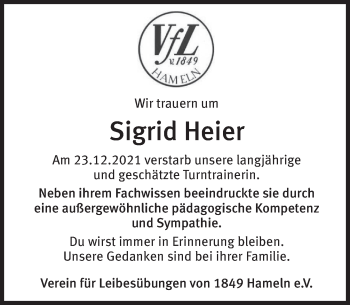 Traueranzeige von Sigrid Heier von Deister- und Weserzeitung