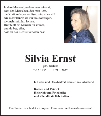 Traueranzeige von Silvia Ernst von Deister- und Weserzeitung