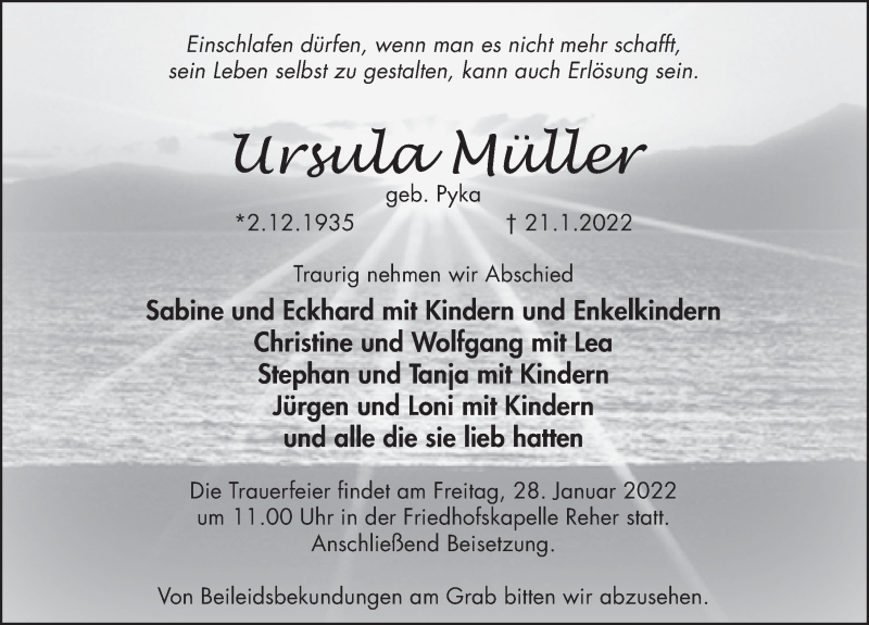  Traueranzeige für Ursula Müller vom 25.01.2022 aus Deister- und Weserzeitung