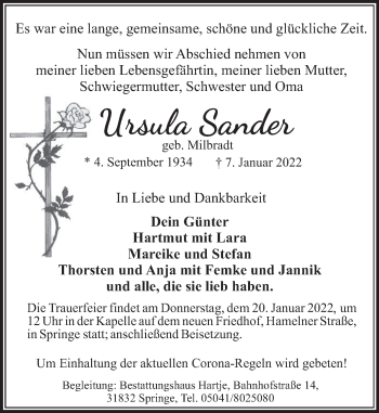 Traueranzeige von Ursula Sander von Neue Deister-Zeitung