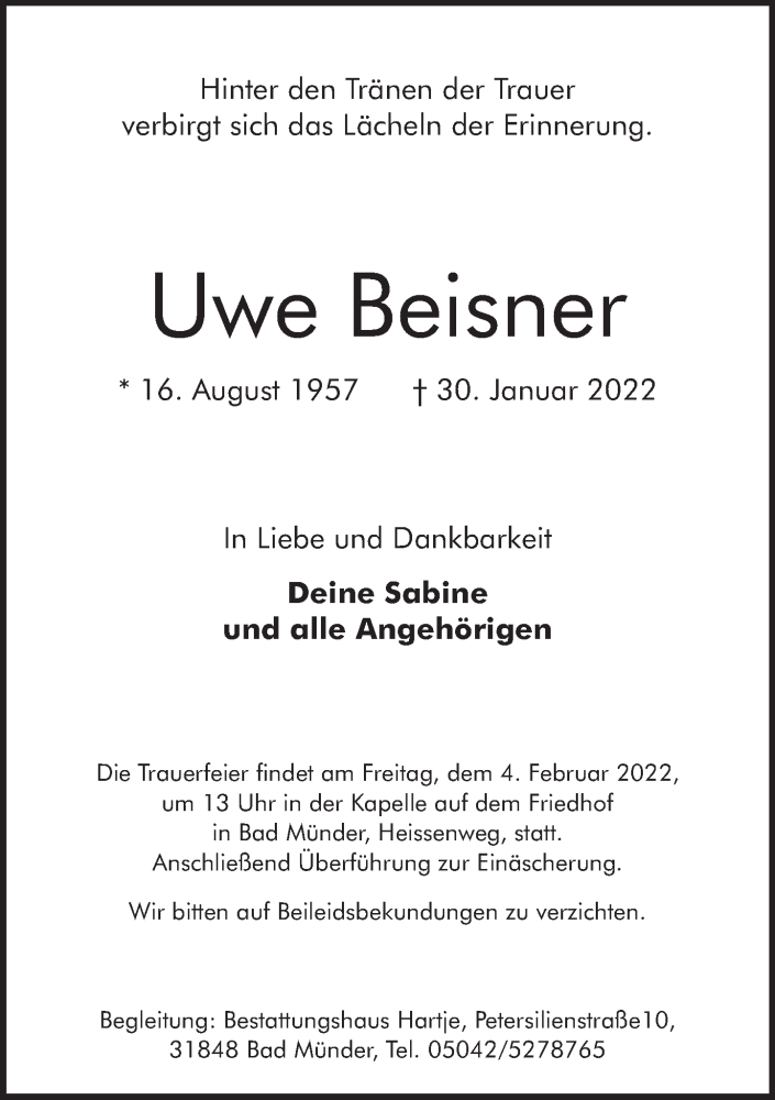  Traueranzeige für Uwe Beisner vom 02.02.2022 aus Neue Deister-Zeitung