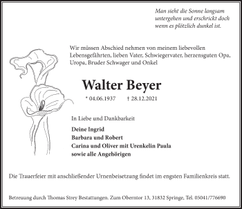 Traueranzeige von Walter Beyer von Neue Deister-Zeitung