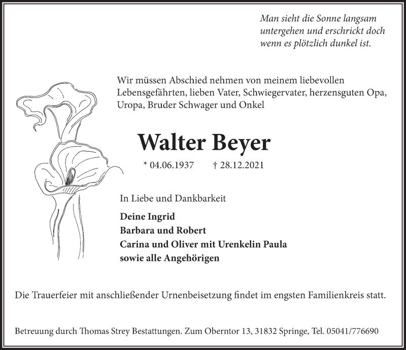  Traueranzeige für Walter Beyer vom 08.01.2022 aus Neue Deister-Zeitung