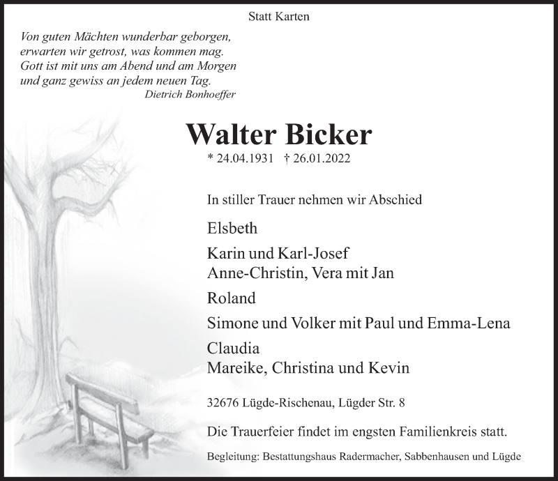  Traueranzeige für Walter Bicker vom 29.01.2022 aus Deister- und Weserzeitung