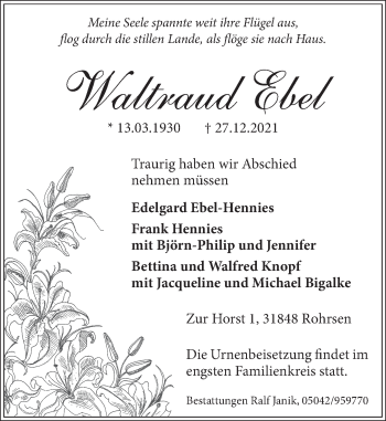 Traueranzeige von Waltraud Ebel von Neue Deister-Zeitung