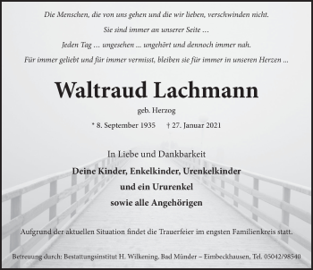 Traueranzeige von Waltraud Lachmann von Neue Deister-Zeitung