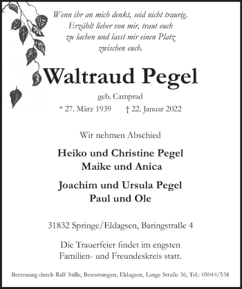 Traueranzeige von Waltraud Pegel von Neue Deister-Zeitung