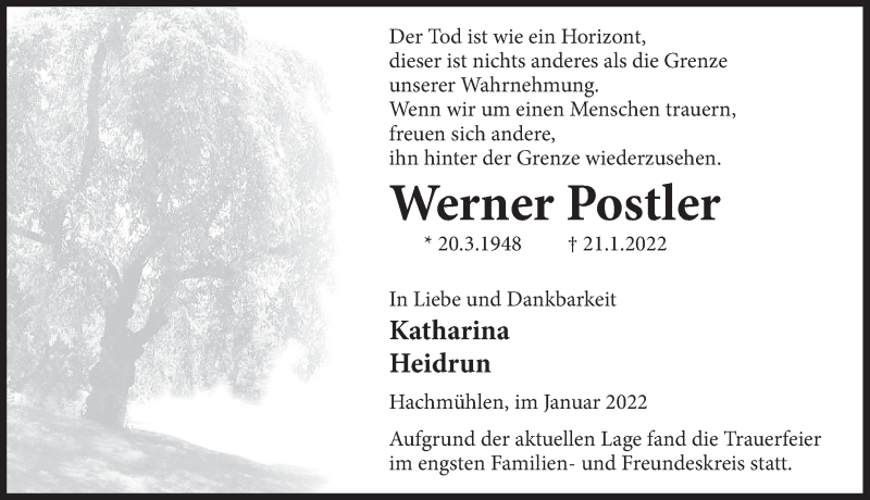  Traueranzeige für Werner Postler vom 29.01.2022 aus Neue Deister-Zeitung