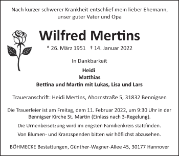 Traueranzeige von Wilfred Mertins von Neue Deister-Zeitung