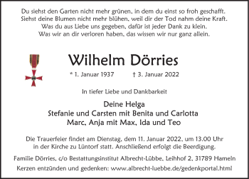 Traueranzeige von Wilhelm Dörries von Deister- und Weserzeitung