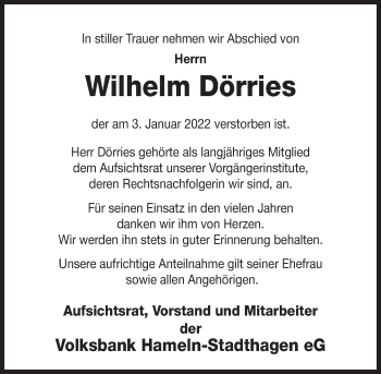Traueranzeige von Wilhelm Dörries von Deister- und Weserzeitung