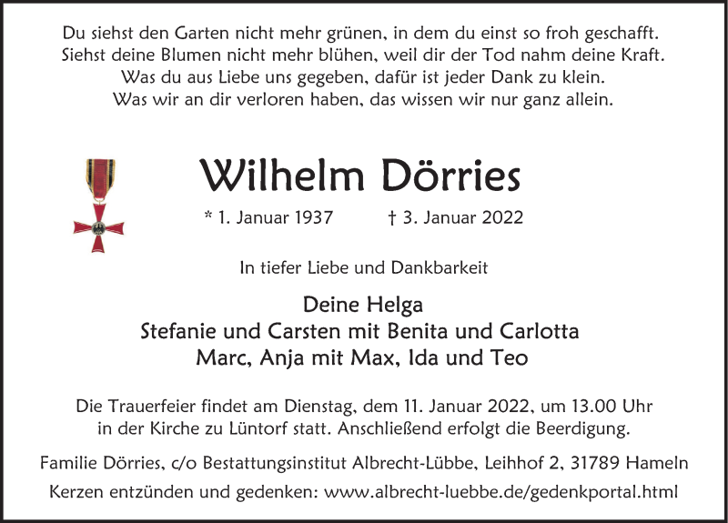  Traueranzeige für Wilhelm Dörries vom 08.01.2022 aus Deister- und Weserzeitung