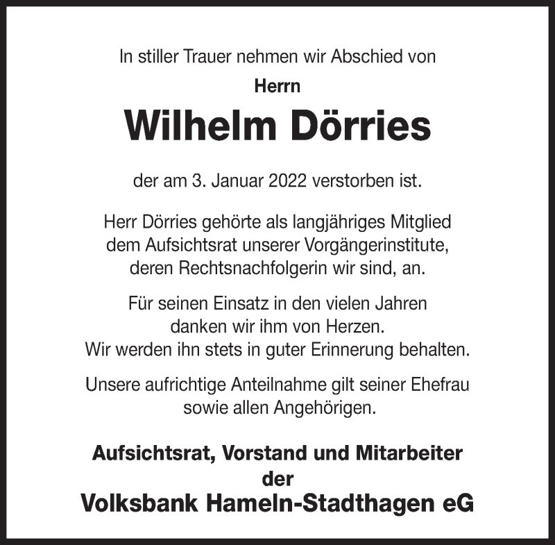  Traueranzeige für Wilhelm Dörries vom 12.01.2022 aus Deister- und Weserzeitung