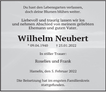 Traueranzeige von Wilhelm Neubert von Deister- und Weserzeitung