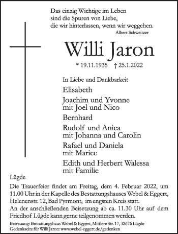 Traueranzeige von Willi Jaron von Deister- und Weserzeitung